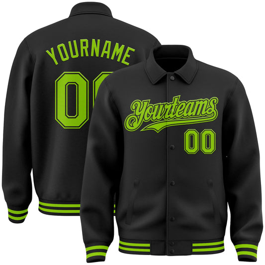 Custom Black Neon Green Bomber Full-Snap Varsity Letterman Lapel Collar Byron Jacket - Main View