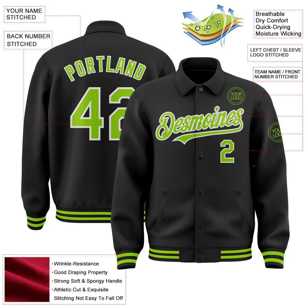 Custom Black Neon Green-White Bomber Full-Snap Varsity Letterman Lapel Collar Byron Jacket view 3