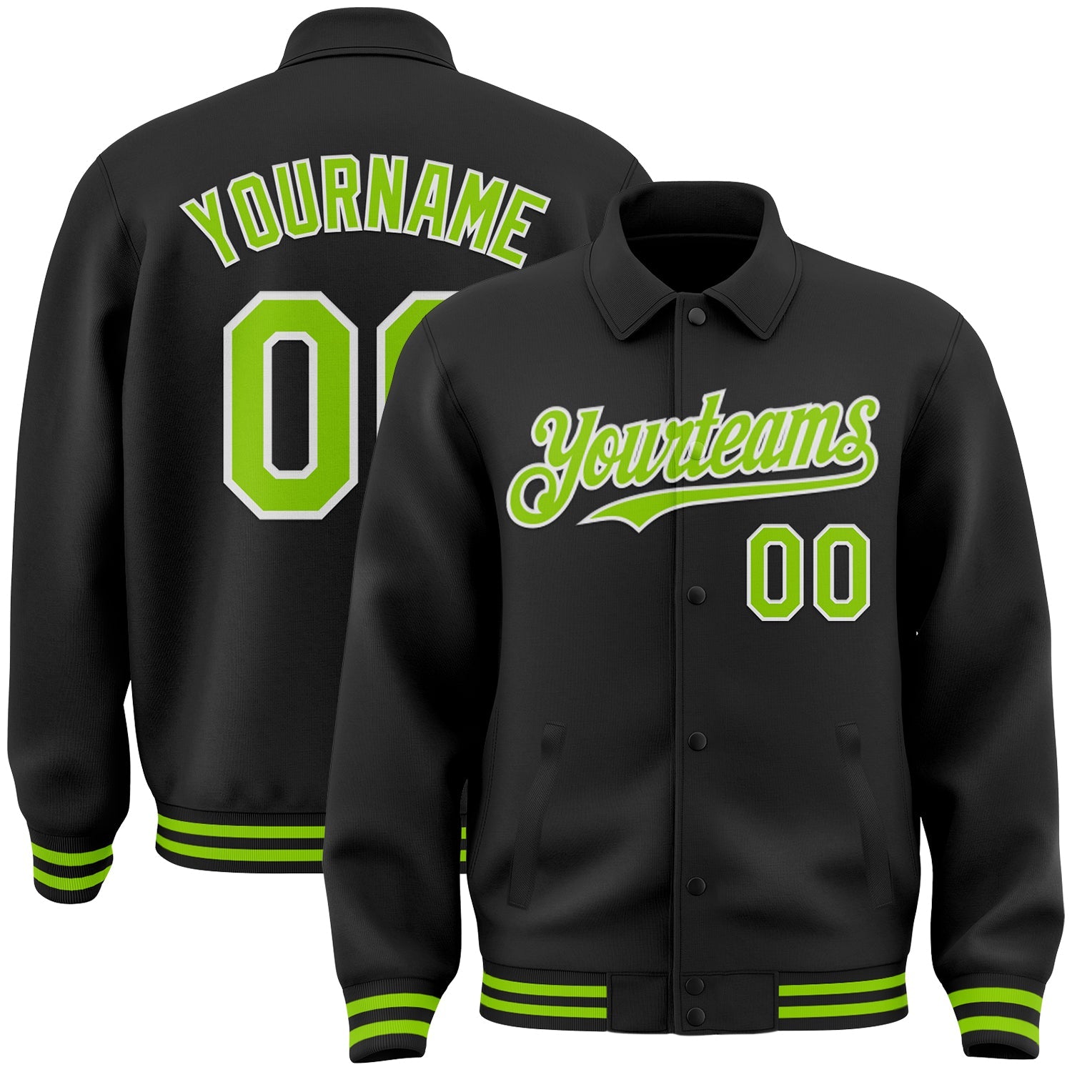 Custom Black Neon Green-White Bomber Full-Snap Varsity Letterman Lapel Collar Byron Jacket - Main View