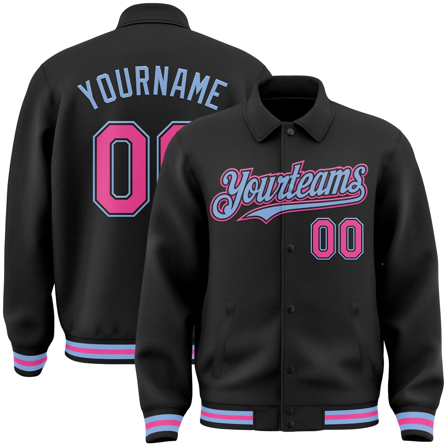Custom Black Pink-Light Blue Bomber Full-Snap Varsity Letterman Lapel Collar Byron Jacket - Main View
