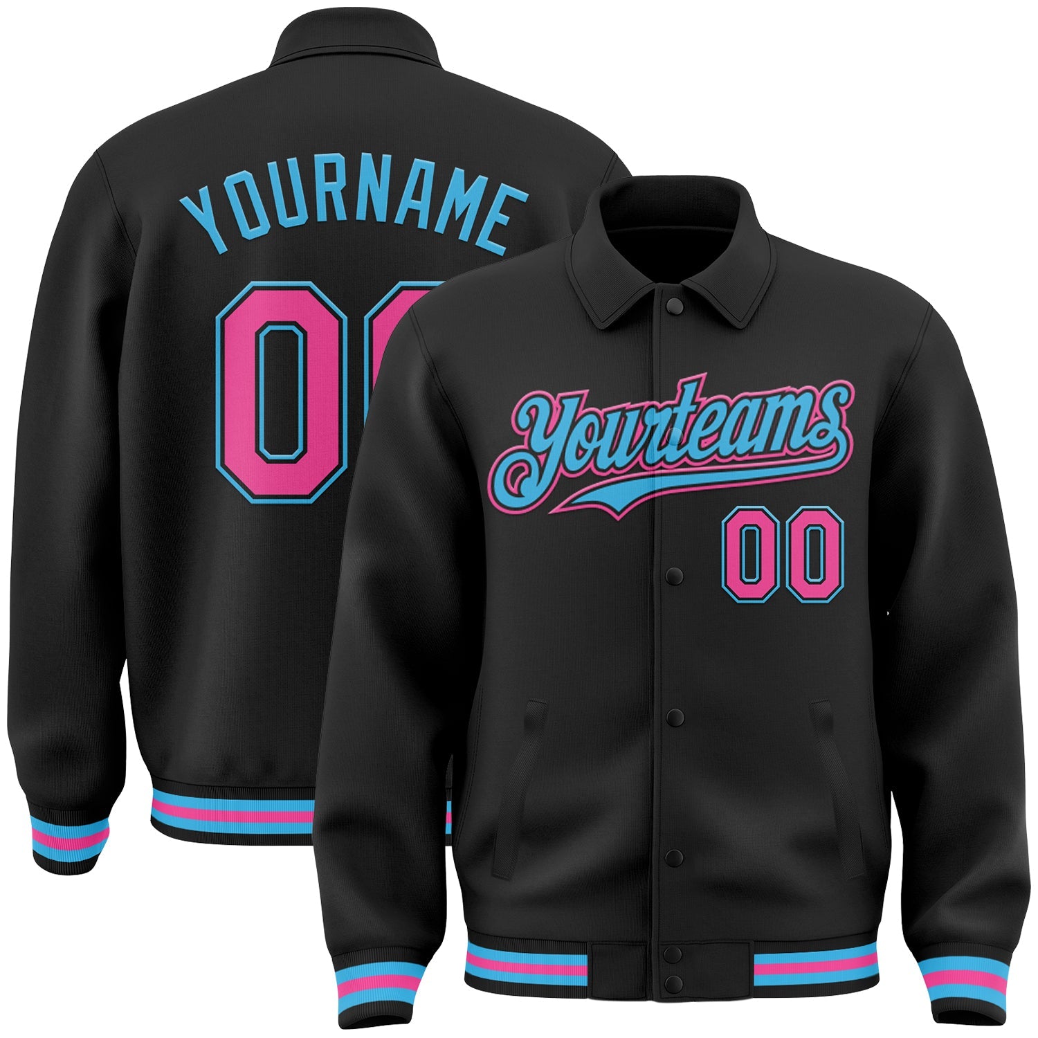 Custom Black Pink-Sky Blue Bomber Full-Snap Varsity Letterman Lapel Collar Byron Jacket - Main View