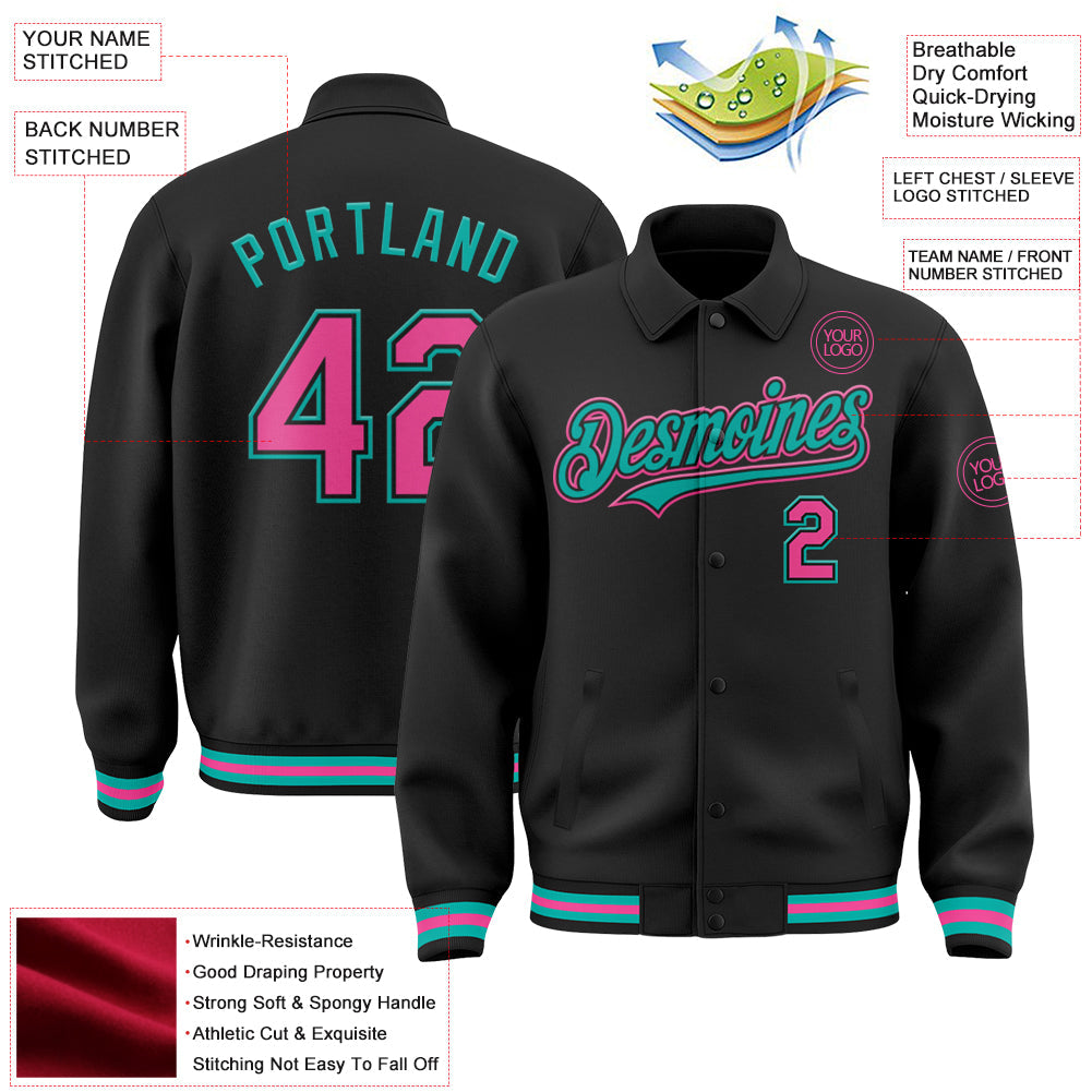 Custom Black Pink-Aqua Bomber Full-Snap Varsity Letterman Lapel Collar Byron Jacket view 3