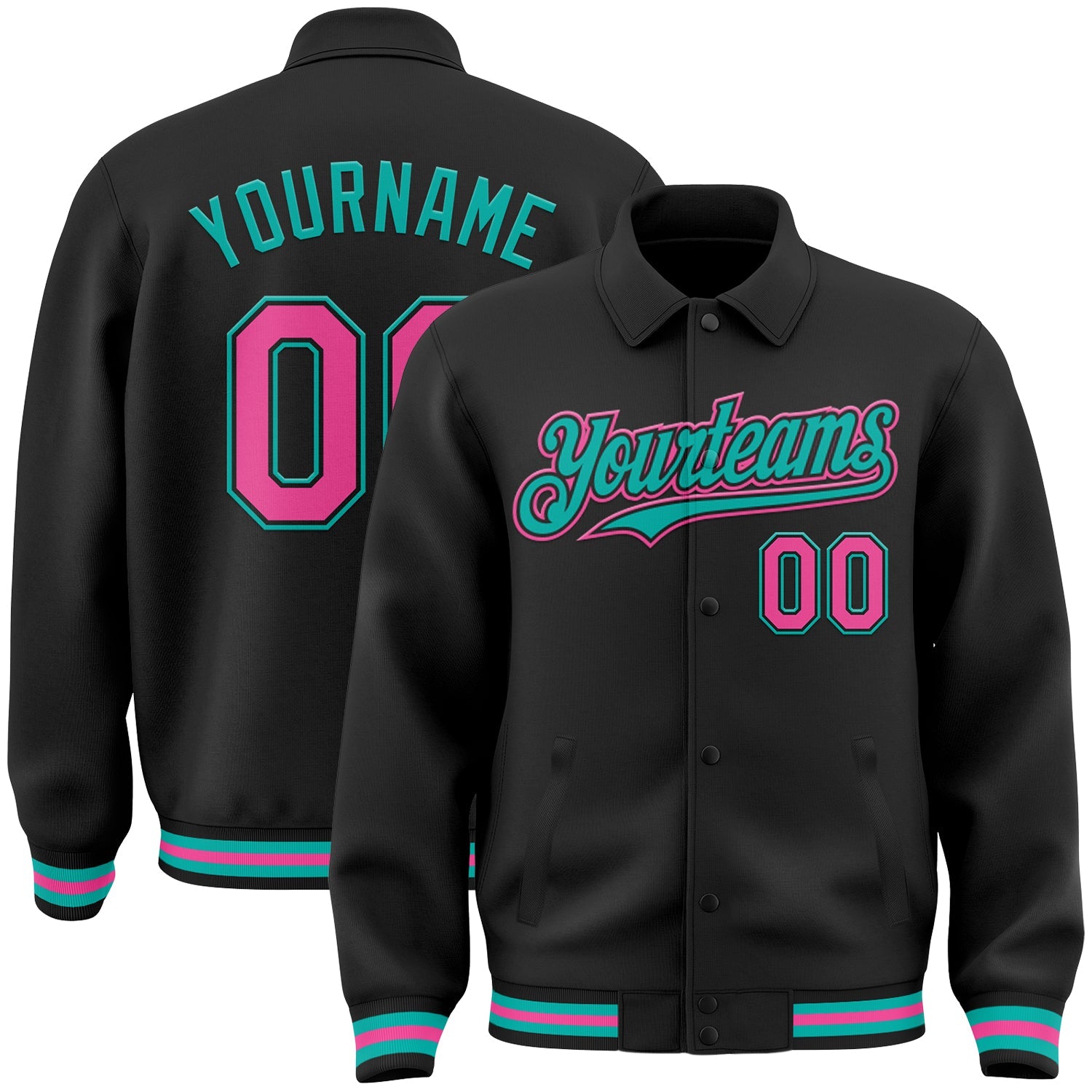 Custom Black Pink-Aqua Bomber Full-Snap Varsity Letterman Lapel Collar Byron Jacket - Main View
