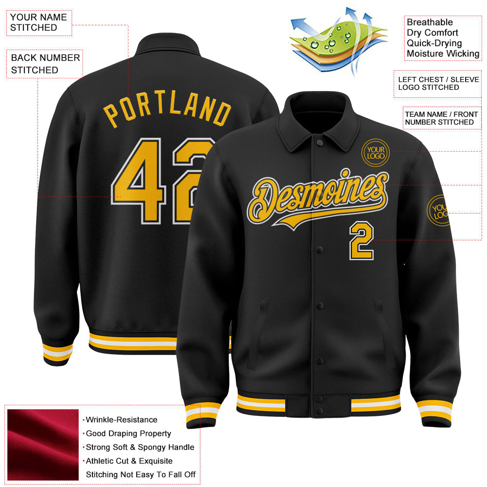 Custom Black Gold-White Bomber Full-Snap Varsity Letterman Lapel Collar Byron Jacket view 3