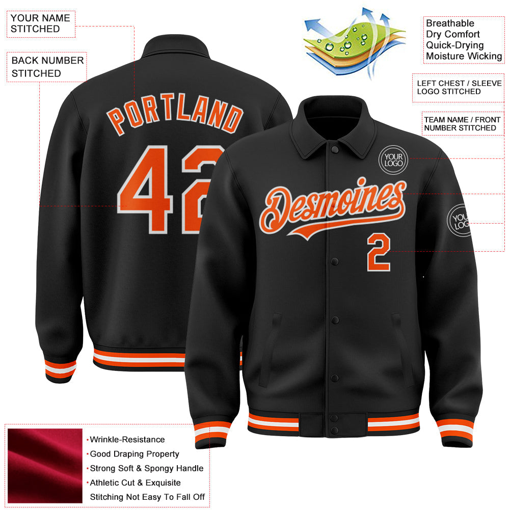 Custom Black Orange-White Bomber Full-Snap Varsity Letterman Lapel Collar Byron Jacket view 3