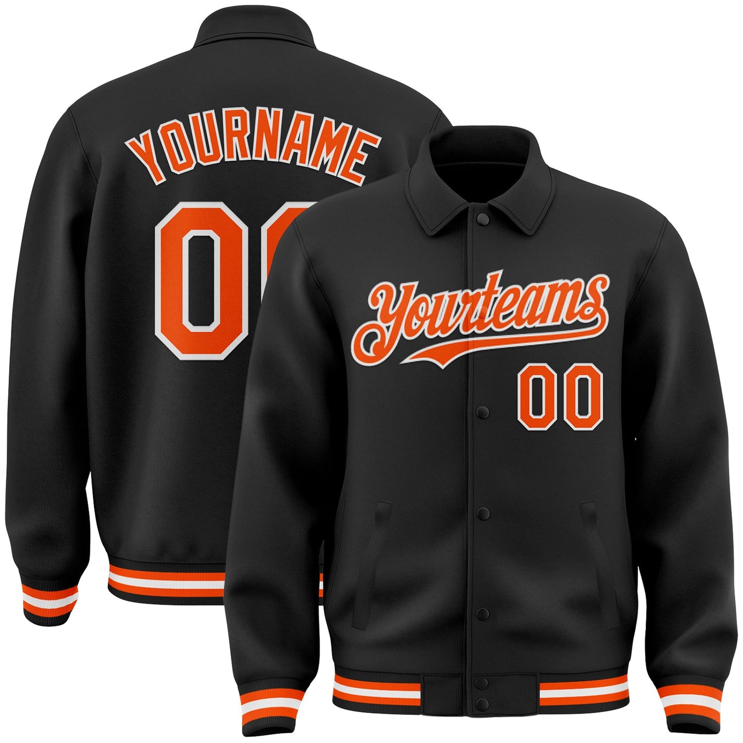 Custom Black Orange-White Bomber Full-Snap Varsity Letterman Lapel Collar Byron Jacket - Main View