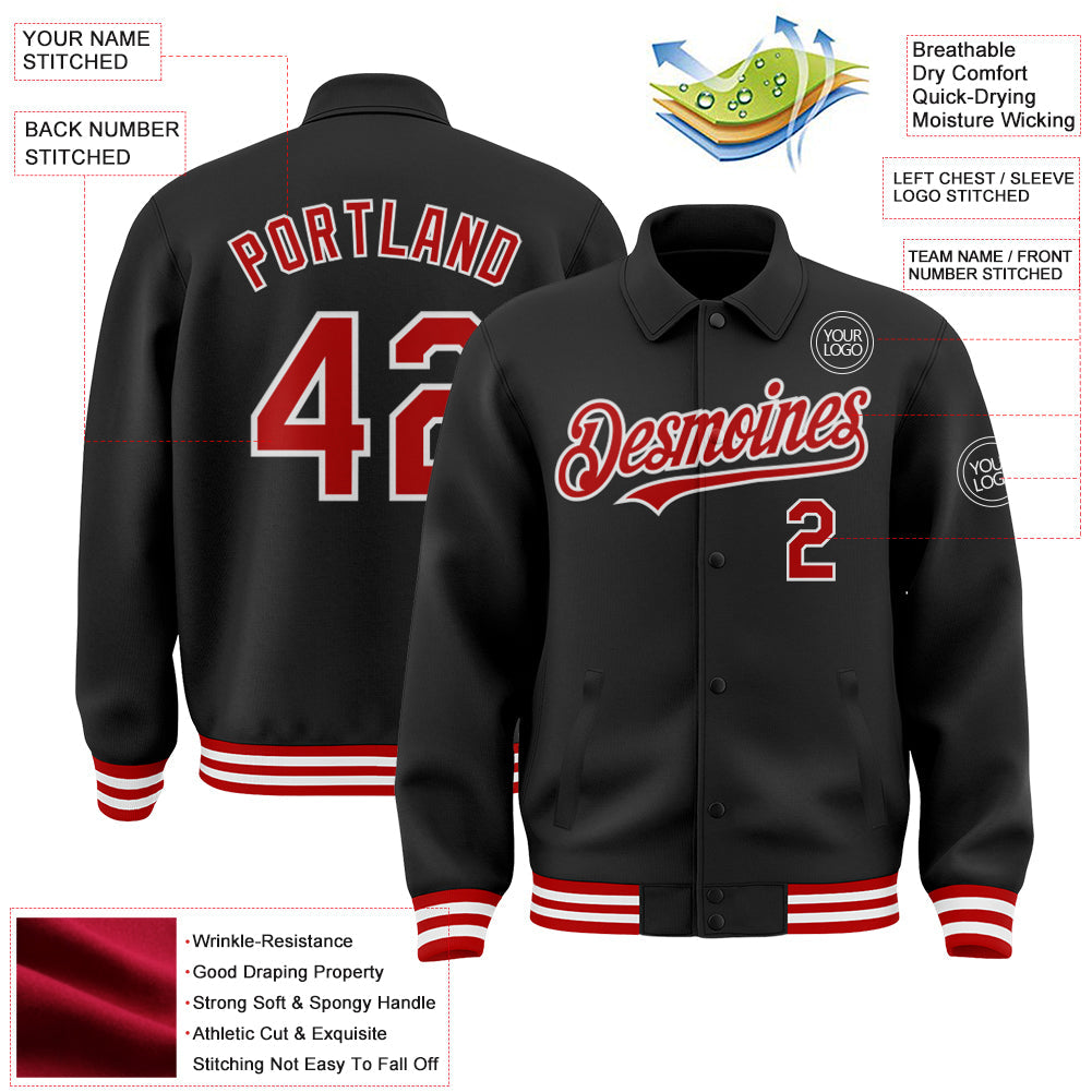 Custom Black Red-White Bomber Full-Snap Varsity Letterman Lapel Collar Byron Jacket view 3