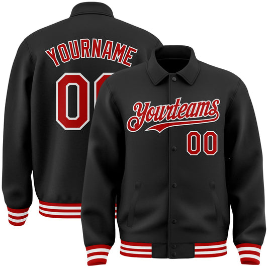 Custom Black Red-White Bomber Full-Snap Varsity Letterman Lapel Collar Byron Jacket - Main View