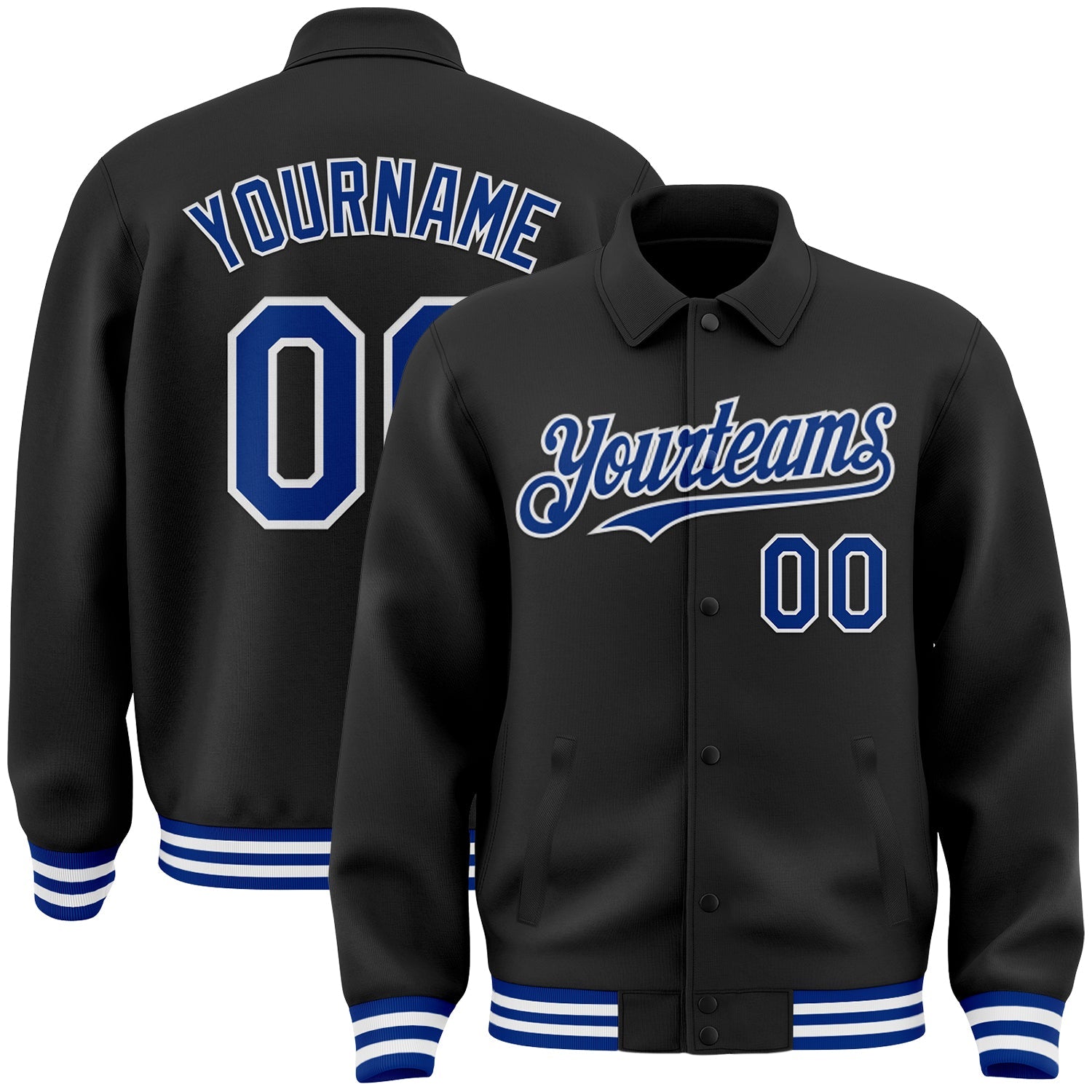 Custom Black Royal-White Bomber Full-Snap Varsity Letterman Lapel Collar Byron Jacket - Main View