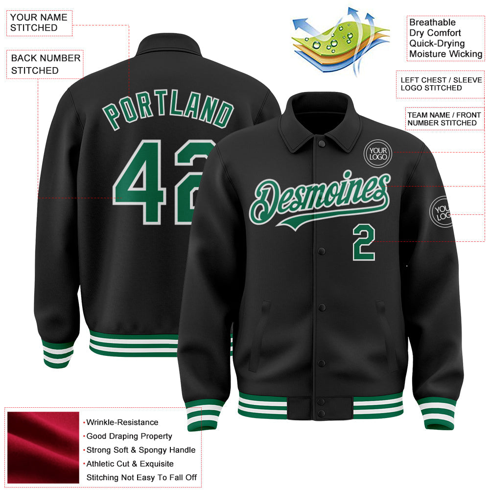 Custom Black Kelly Green-White Bomber Full-Snap Varsity Letterman Lapel Collar Byron Jacket view 3