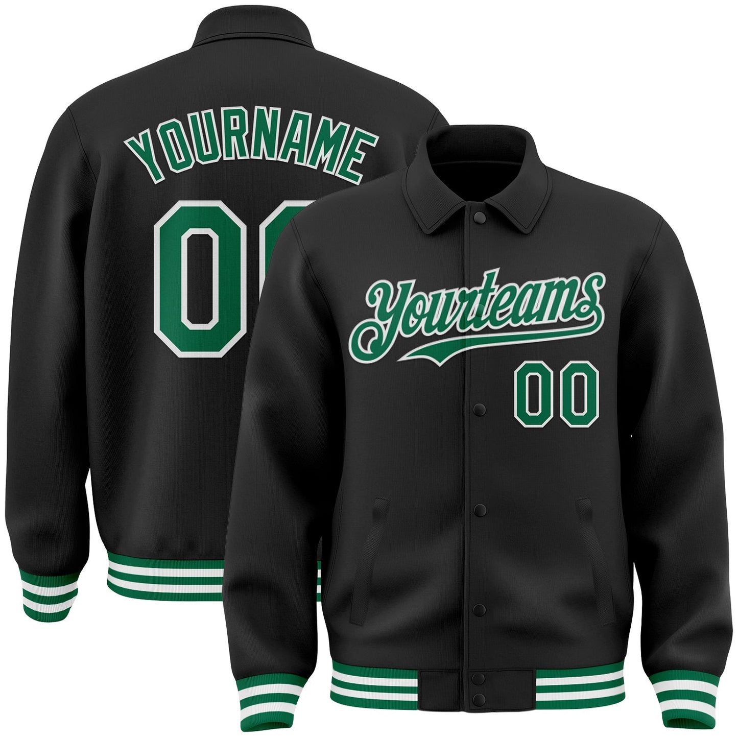 Custom Black Kelly Green-White Bomber Full-Snap Varsity Letterman Lapel Collar Byron Jacket - Main View
