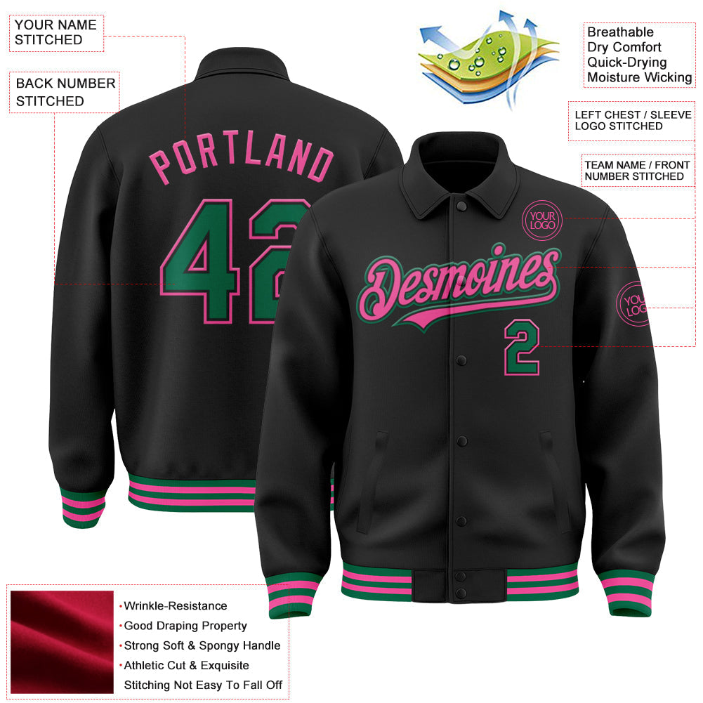 Custom Black Kelly Green-Pink Bomber Full-Snap Varsity Letterman Lapel Collar Byron Jacket view 3
