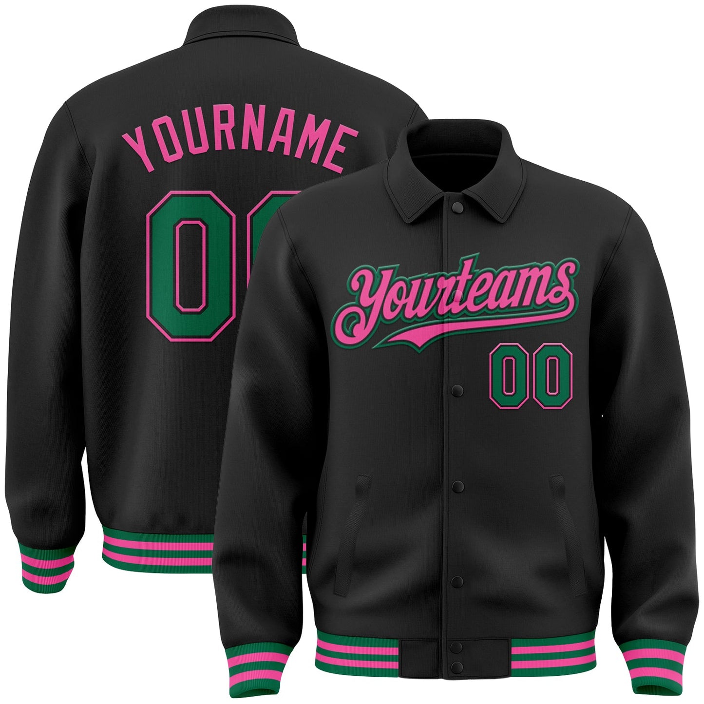 Custom Black Kelly Green-Pink Bomber Full-Snap Varsity Letterman Lapel Collar Byron Jacket - Main View