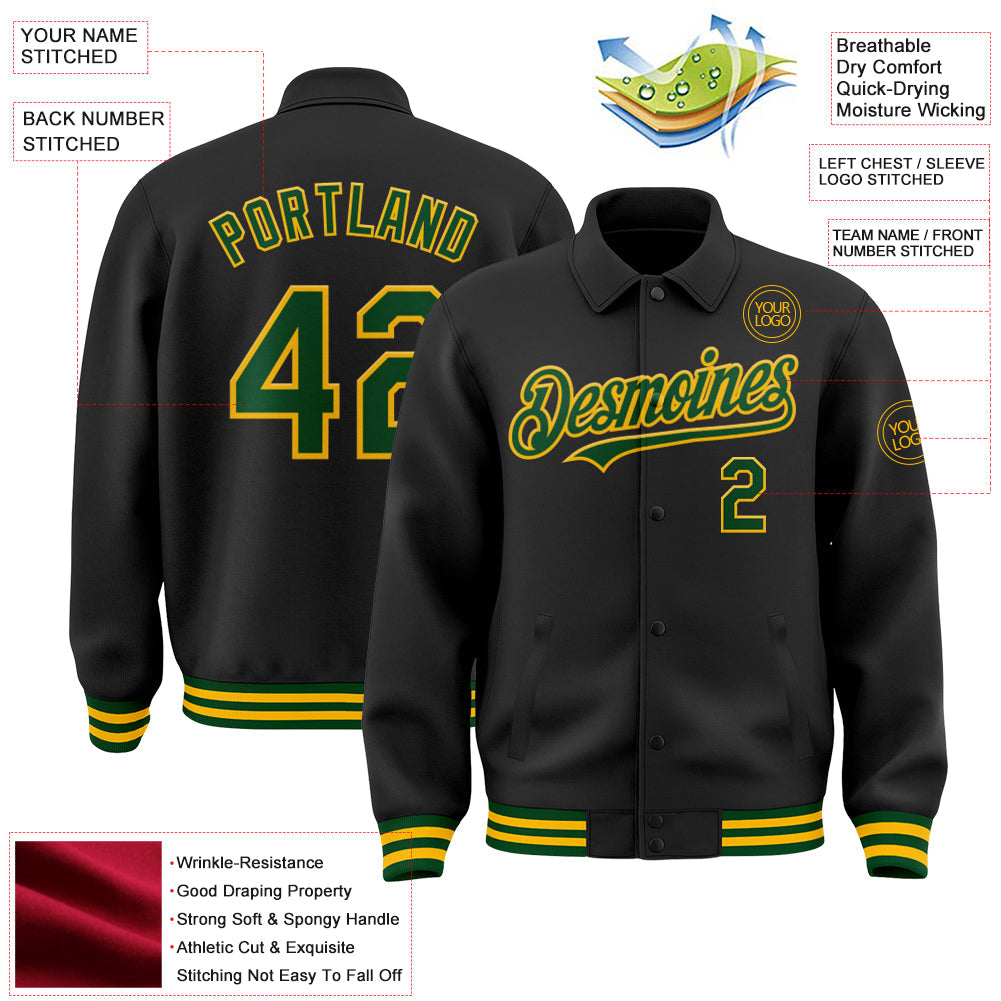 Custom Black Green-Gold Bomber Full-Snap Varsity Letterman Lapel Collar Byron Jacket view 3