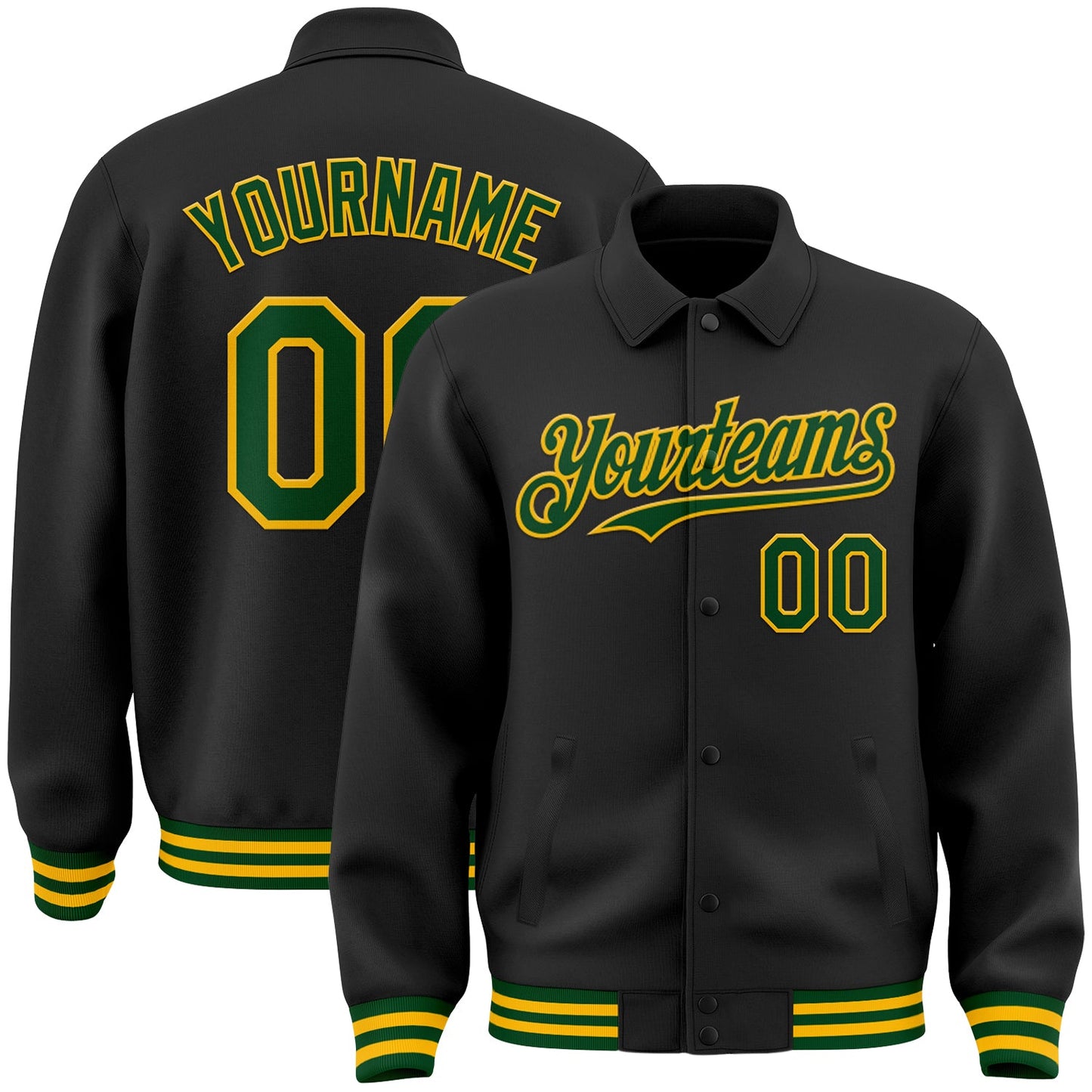 Custom Black Green-Gold Bomber Full-Snap Varsity Letterman Lapel Collar Byron Jacket - Main View