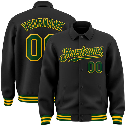 Custom Black Green-Gold Bomber Full-Snap Varsity Letterman Lapel Collar Byron Jacket - Main View