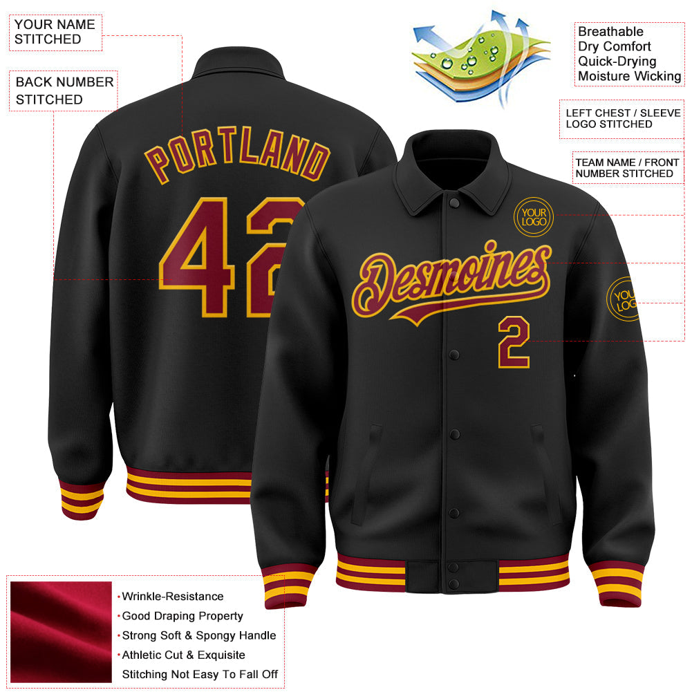 Custom Black Crimson-Gold Bomber Full-Snap Varsity Letterman Lapel Collar Byron Jacket view 3