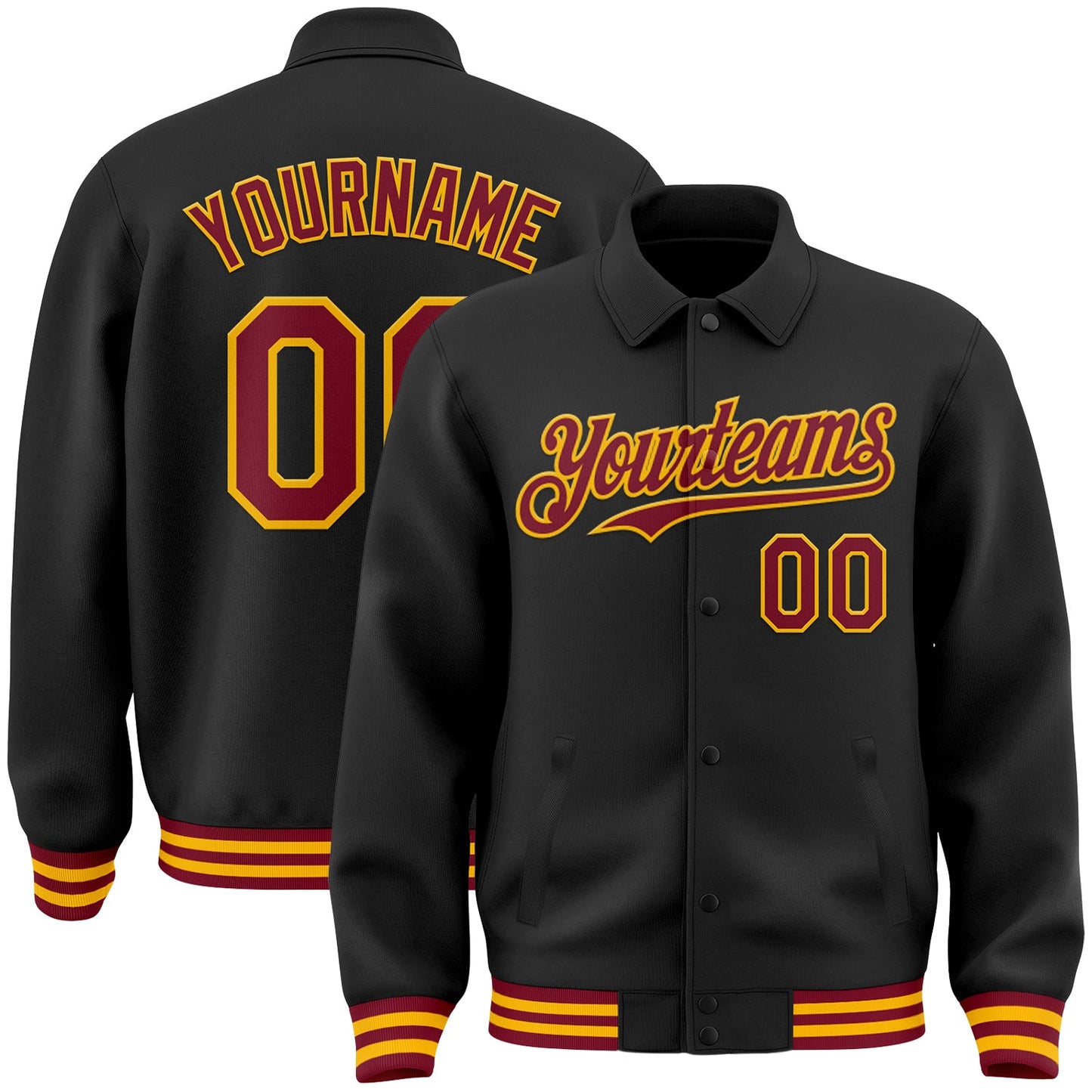 Custom Black Crimson-Gold Bomber Full-Snap Varsity Letterman Lapel Collar Byron Jacket - Main View