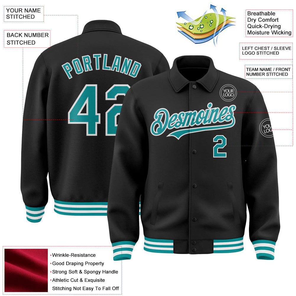 Custom Black Teal-White Bomber Full-Snap Varsity Letterman Lapel Collar Byron Jacket view 3