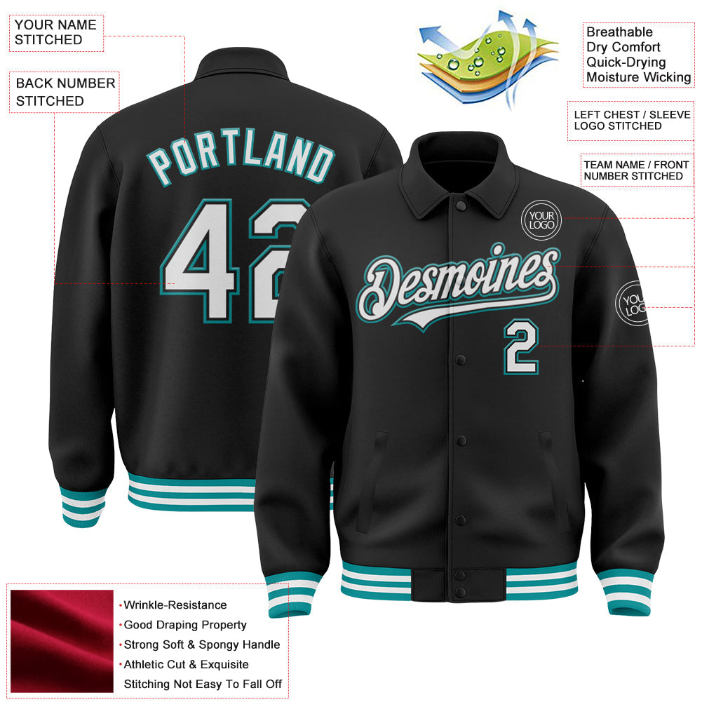 Custom Black White-Teal Bomber Full-Snap Varsity Letterman Lapel Collar Byron Jacket view 3