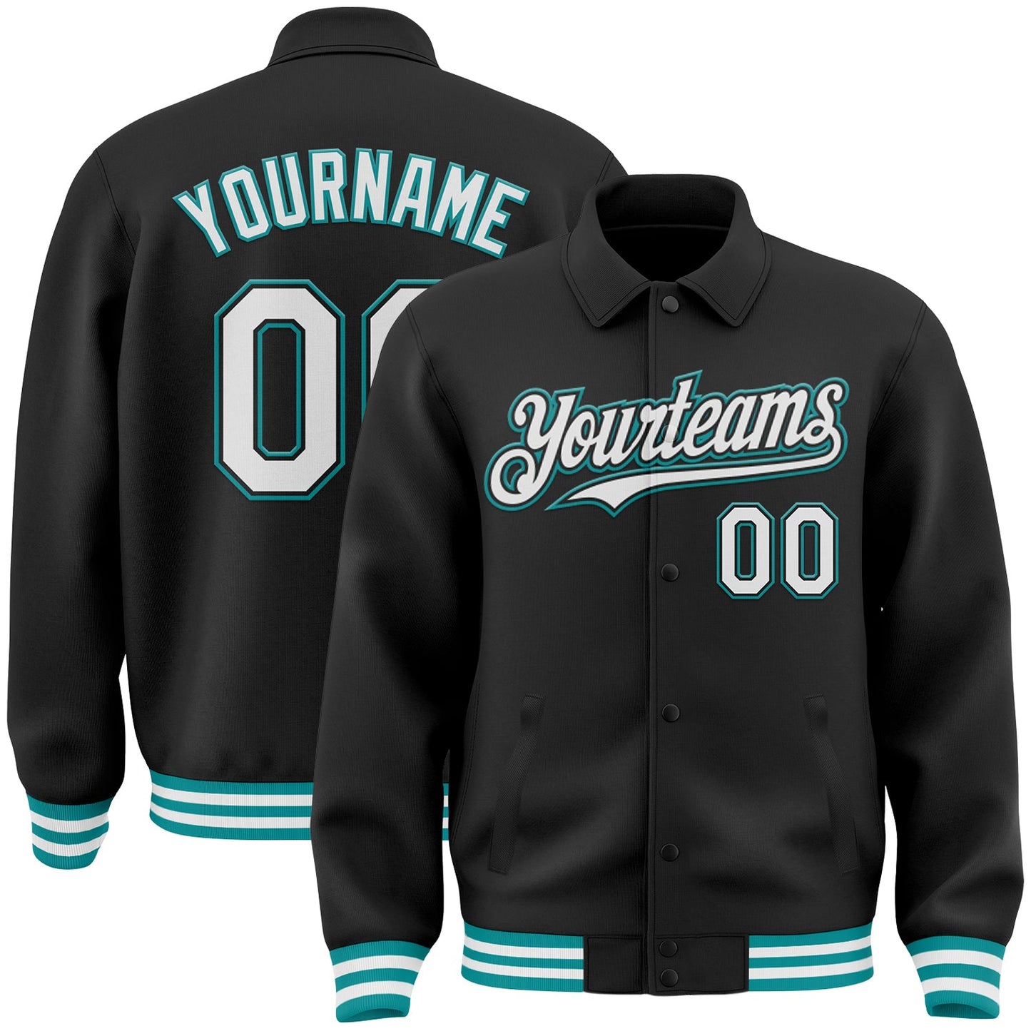 Custom Black White-Teal Bomber Full-Snap Varsity Letterman Lapel Collar Byron Jacket - Main View