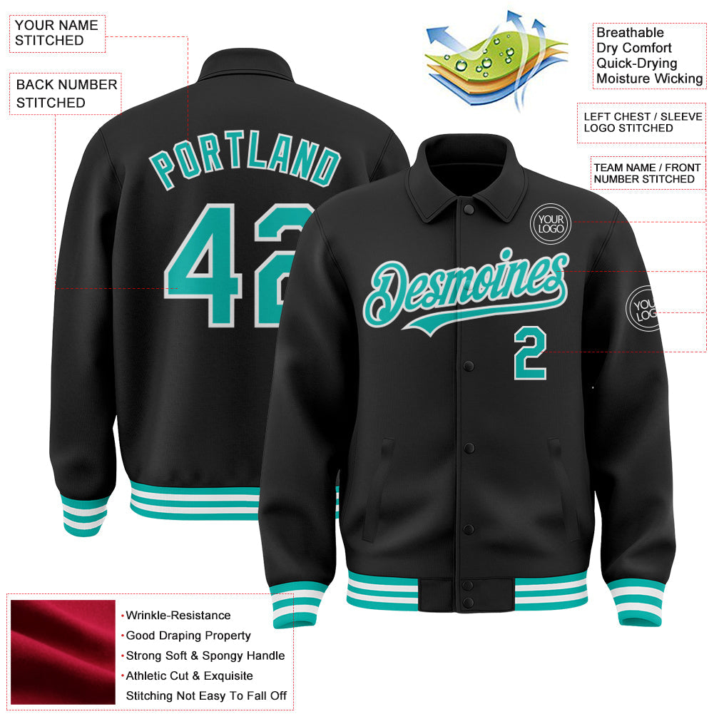 Custom Black Aqua-White Bomber Full-Snap Varsity Letterman Lapel Collar Byron Jacket view 3