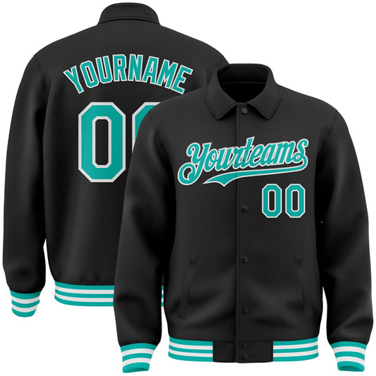 Custom Black Aqua-White Bomber Full-Snap Varsity Letterman Lapel Collar Byron Jacket - Main View