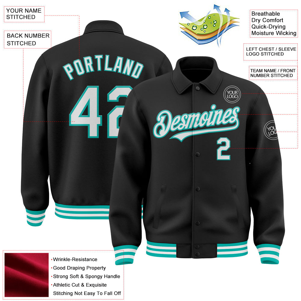 Custom Black White-Aqua Bomber Full-Snap Varsity Letterman Lapel Collar Byron Jacket view 3
