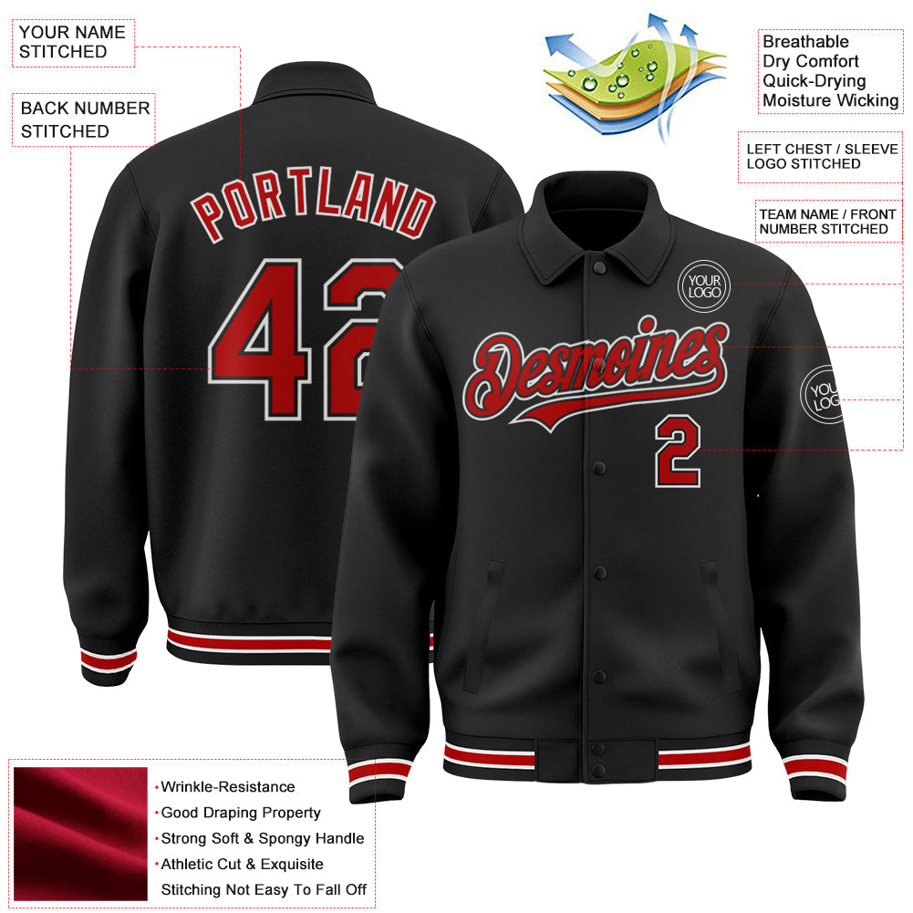 Custom Black Red-White Bomber Full-Snap Varsity Letterman Lapel Collar Byron Jacket view 3