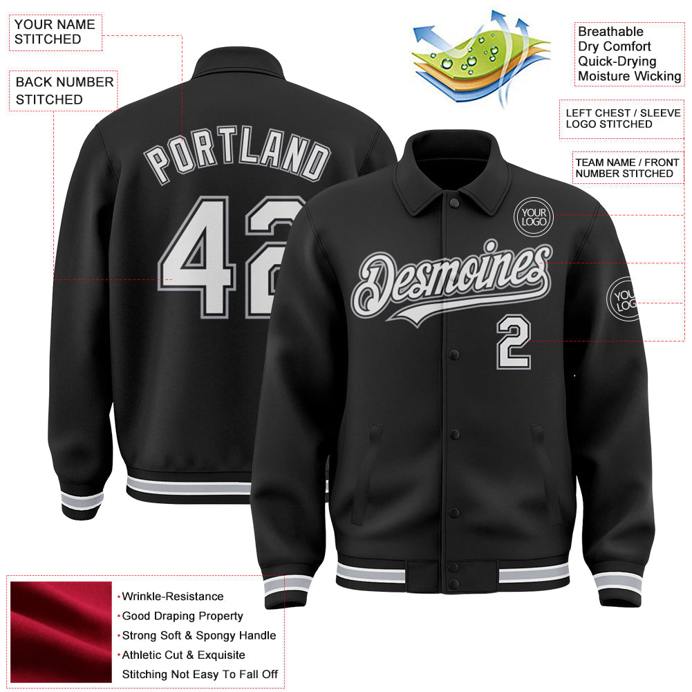 Custom Black White-Gray Bomber Full-Snap Varsity Letterman Lapel Collar Byron Jacket view 3
