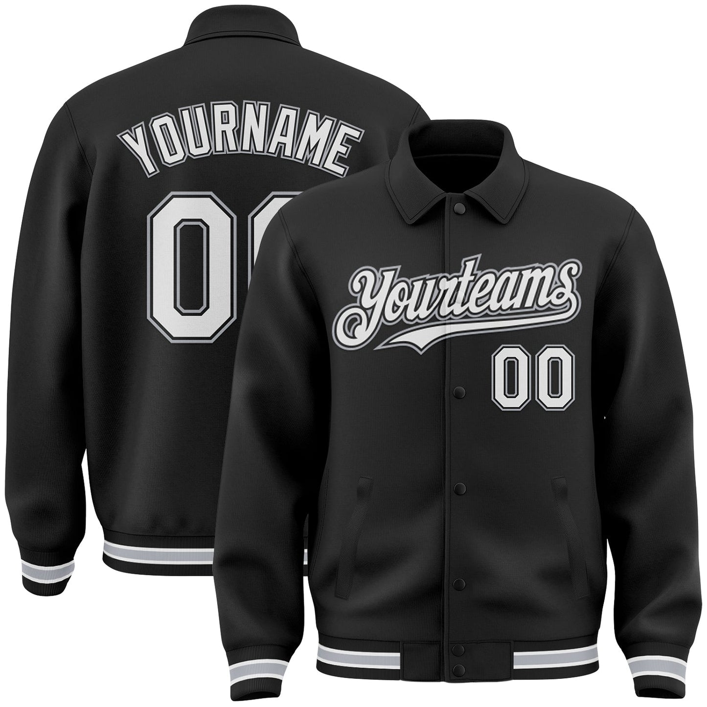 Custom Black White-Gray Bomber Full-Snap Varsity Letterman Lapel Collar Byron Jacket - Main View