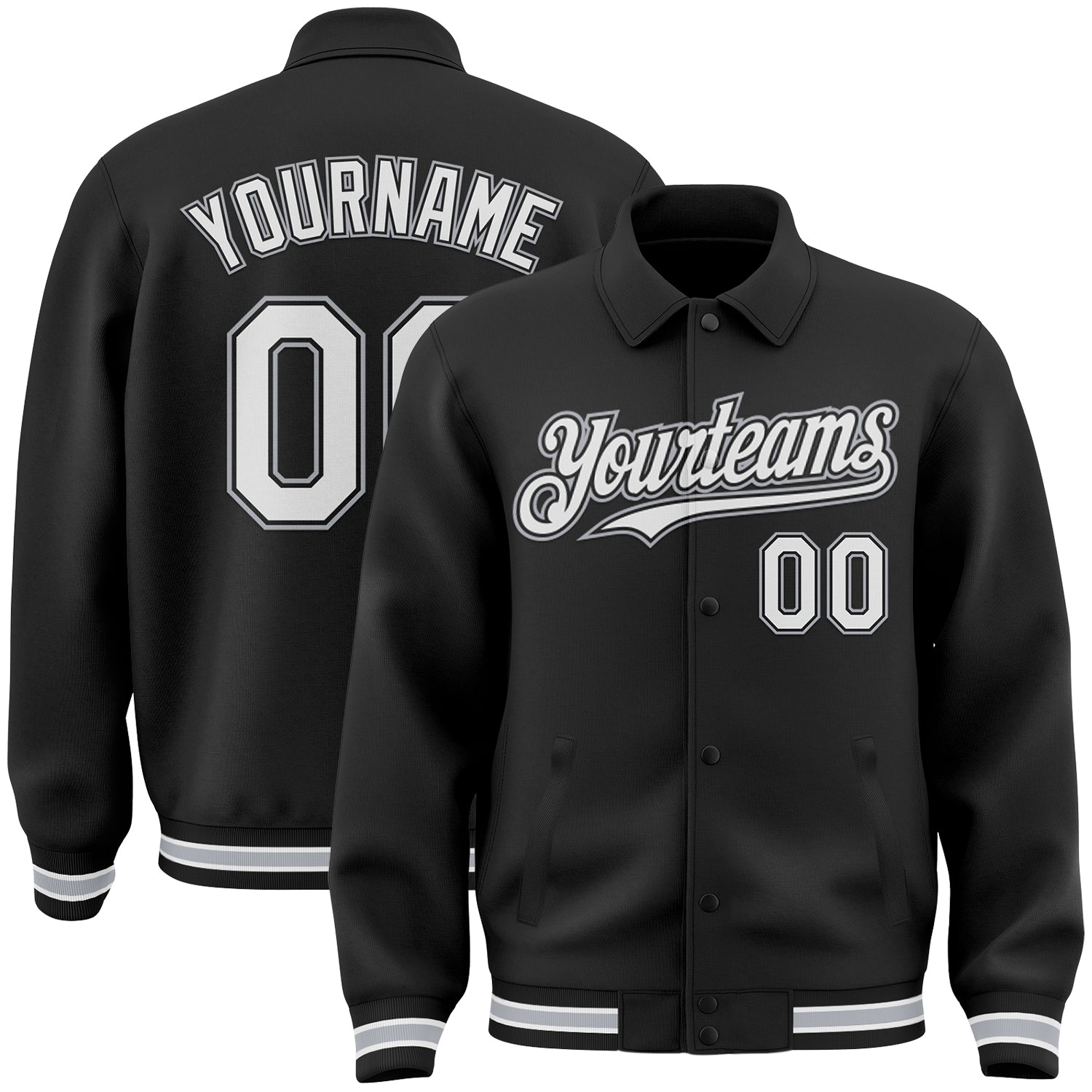 Custom Black White-Gray Bomber Full-Snap Varsity Letterman Lapel Collar Byron Jacket - Main View