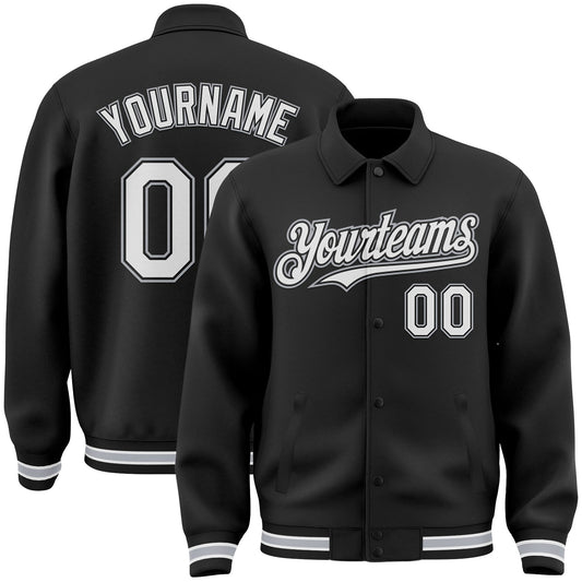 Custom Black White-Gray Bomber Full-Snap Varsity Letterman Lapel Collar Byron Jacket - Main View