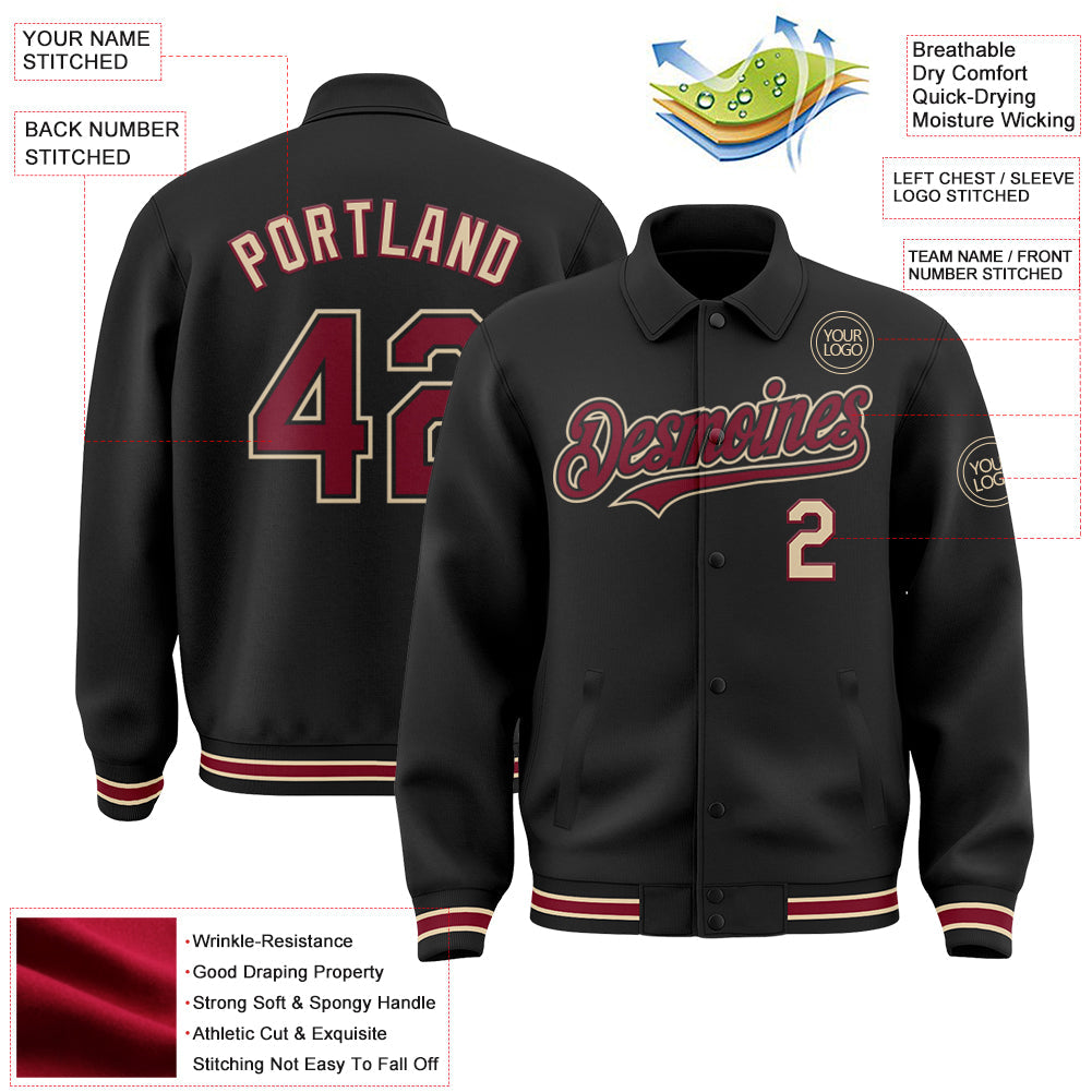 Custom Black Crimson-City Cream Bomber Full-Snap Varsity Letterman Lapel Collar Byron Jacket view 3