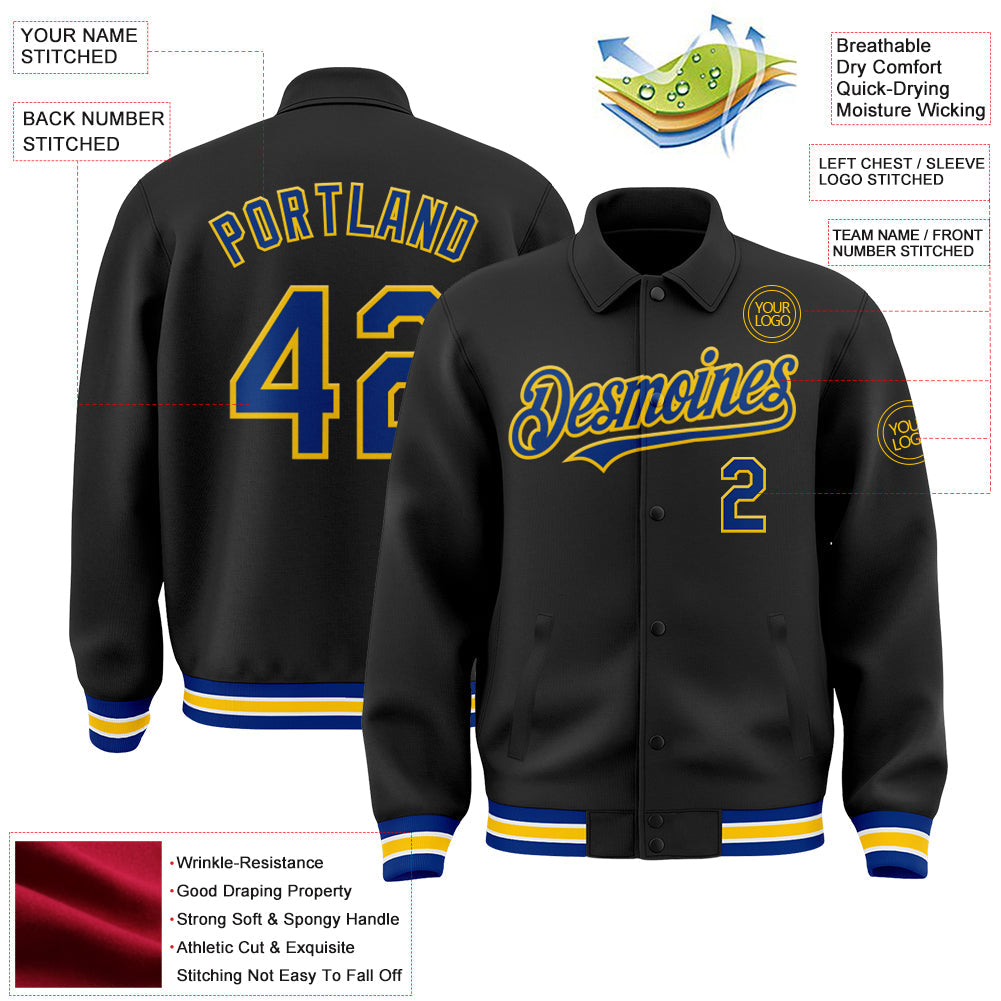 Custom Black Royal-Yellow Bomber Full-Snap Varsity Letterman Lapel Collar Byron Jacket view 3