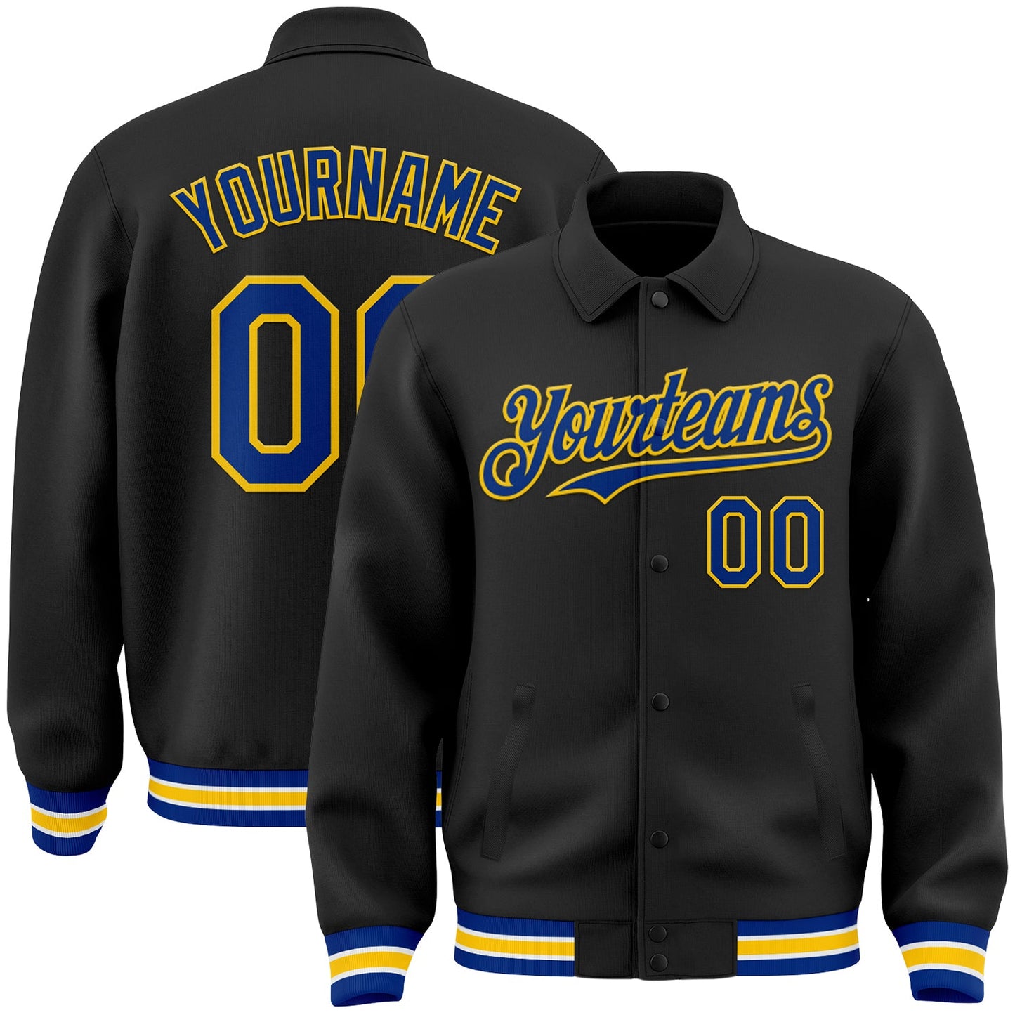 Custom Black Royal-Yellow Bomber Full-Snap Varsity Letterman Lapel Collar Byron Jacket - Main View