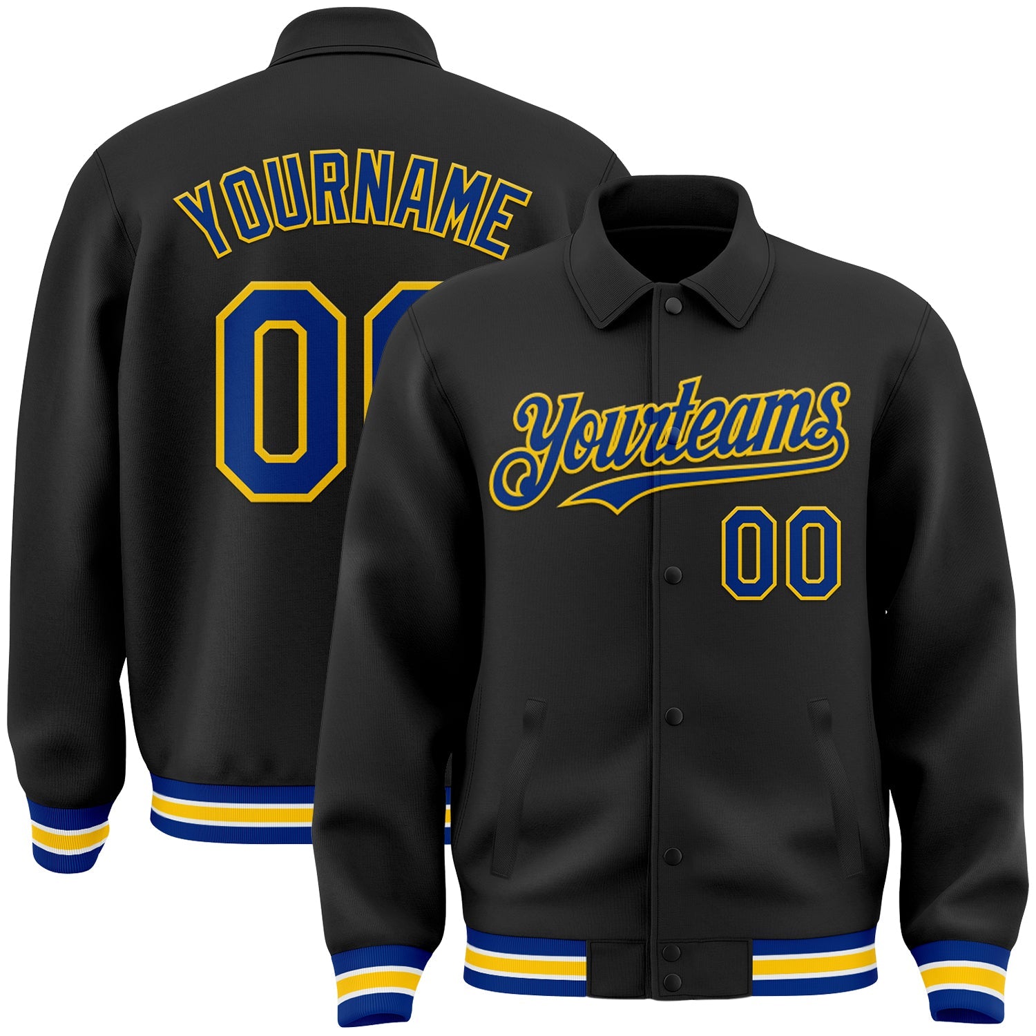 Custom Black Royal-Yellow Bomber Full-Snap Varsity Letterman Lapel Collar Byron Jacket - Main View