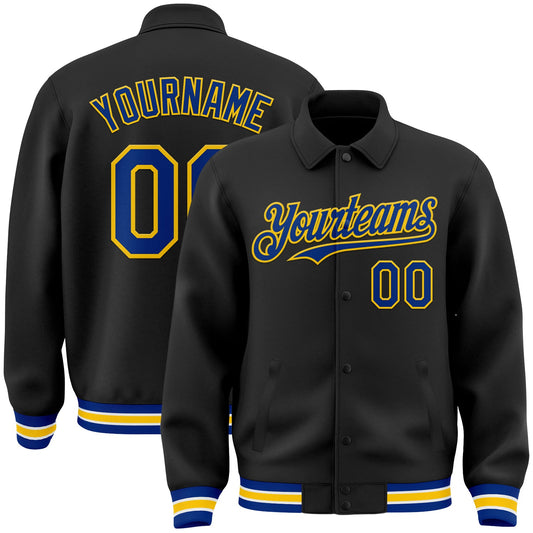 Custom Black Royal-Yellow Bomber Full-Snap Varsity Letterman Lapel Collar Byron Jacket - Main View