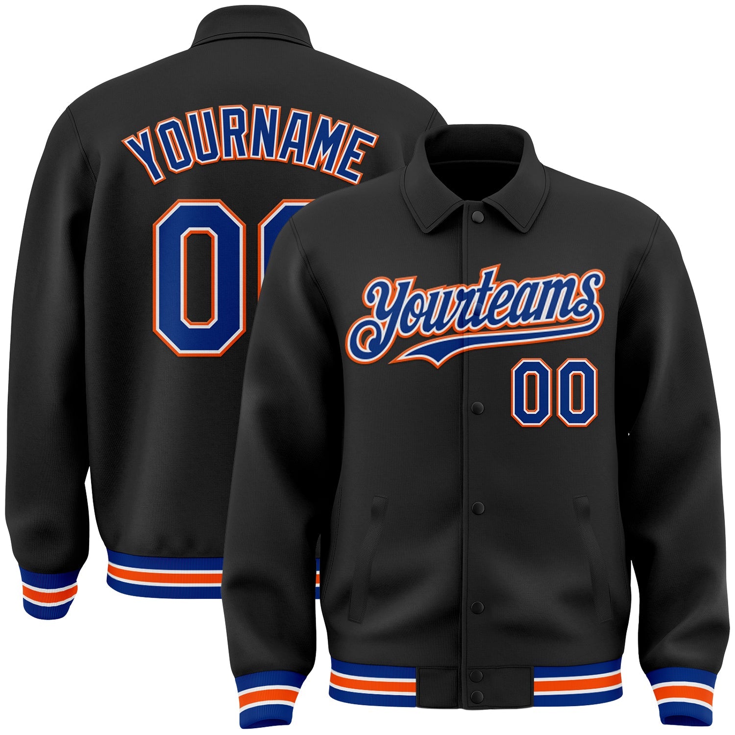 Custom Black Royal-Orange Bomber Full-Snap Varsity Letterman Lapel Collar Byron Jacket - Main View
