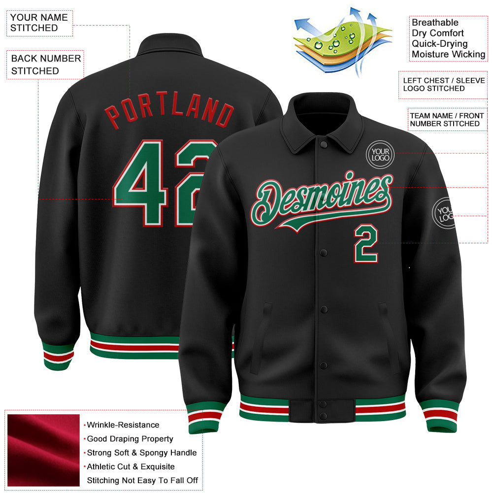 Custom Black Kelly Green-Red Bomber Full-Snap Varsity Letterman Lapel Collar Byron Jacket view 3
