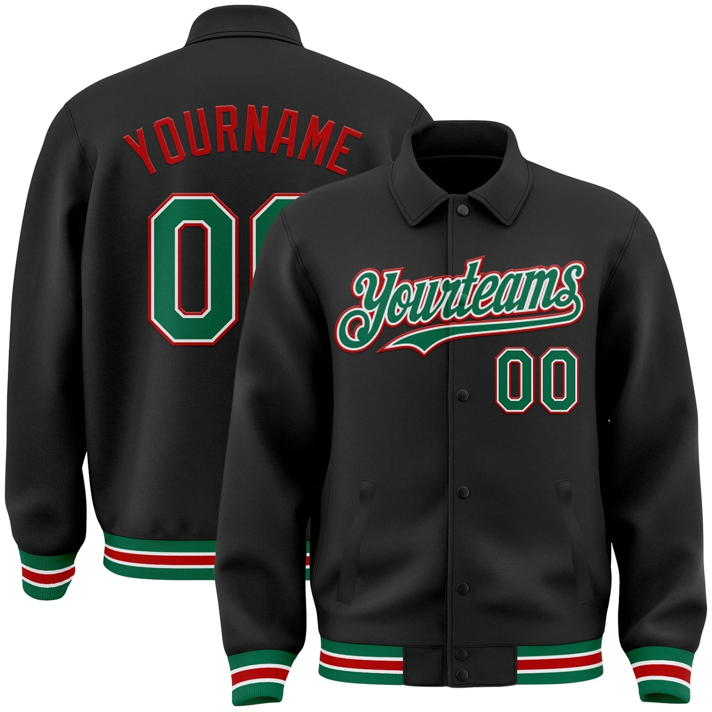 Custom Black Kelly Green-Red Bomber Full-Snap Varsity Letterman Lapel Collar Byron Jacket - Main View