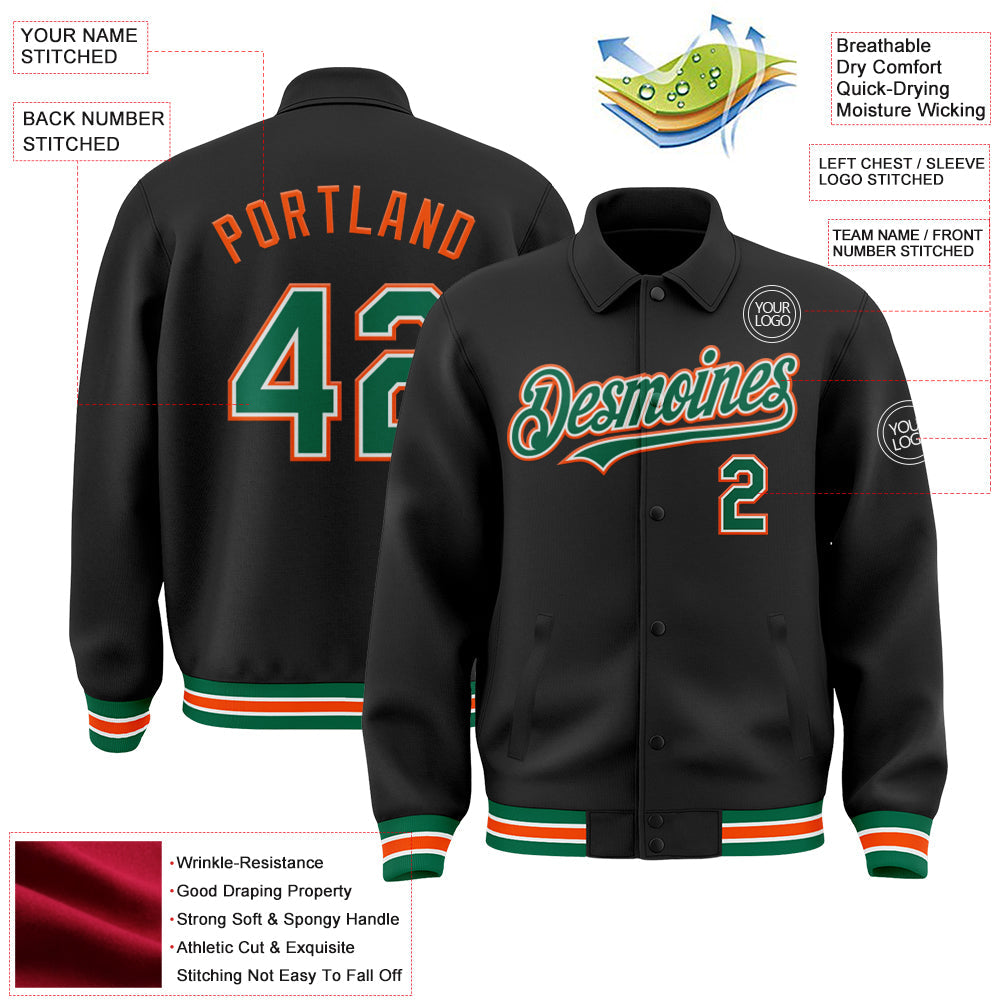 Custom Black Kelly Green-Orange Bomber Full-Snap Varsity Letterman Lapel Collar Byron Jacket view 3