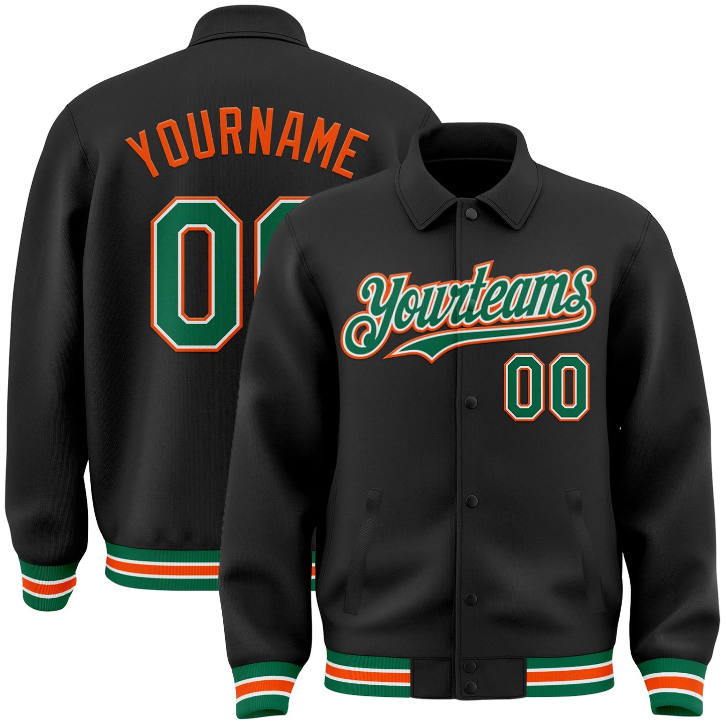 Custom Black Kelly Green-Orange Bomber Full-Snap Varsity Letterman Lapel Collar Byron Jacket - Main View