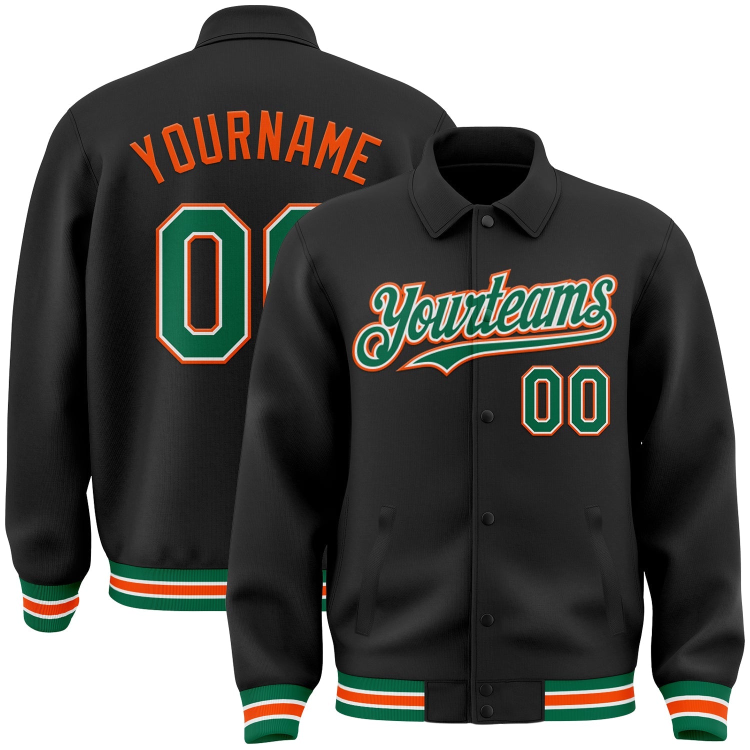 Custom Black Kelly Green-Orange Bomber Full-Snap Varsity Letterman Lapel Collar Byron Jacket - Main View