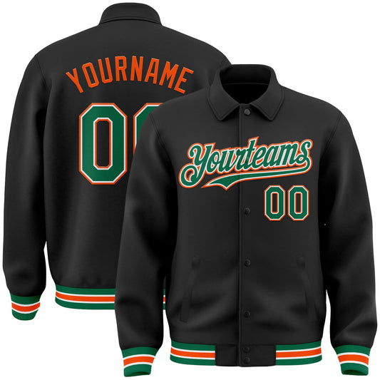 Custom Black Kelly Green-Orange Bomber Full-Snap Varsity Letterman Lapel Collar Byron Jacket - Main View