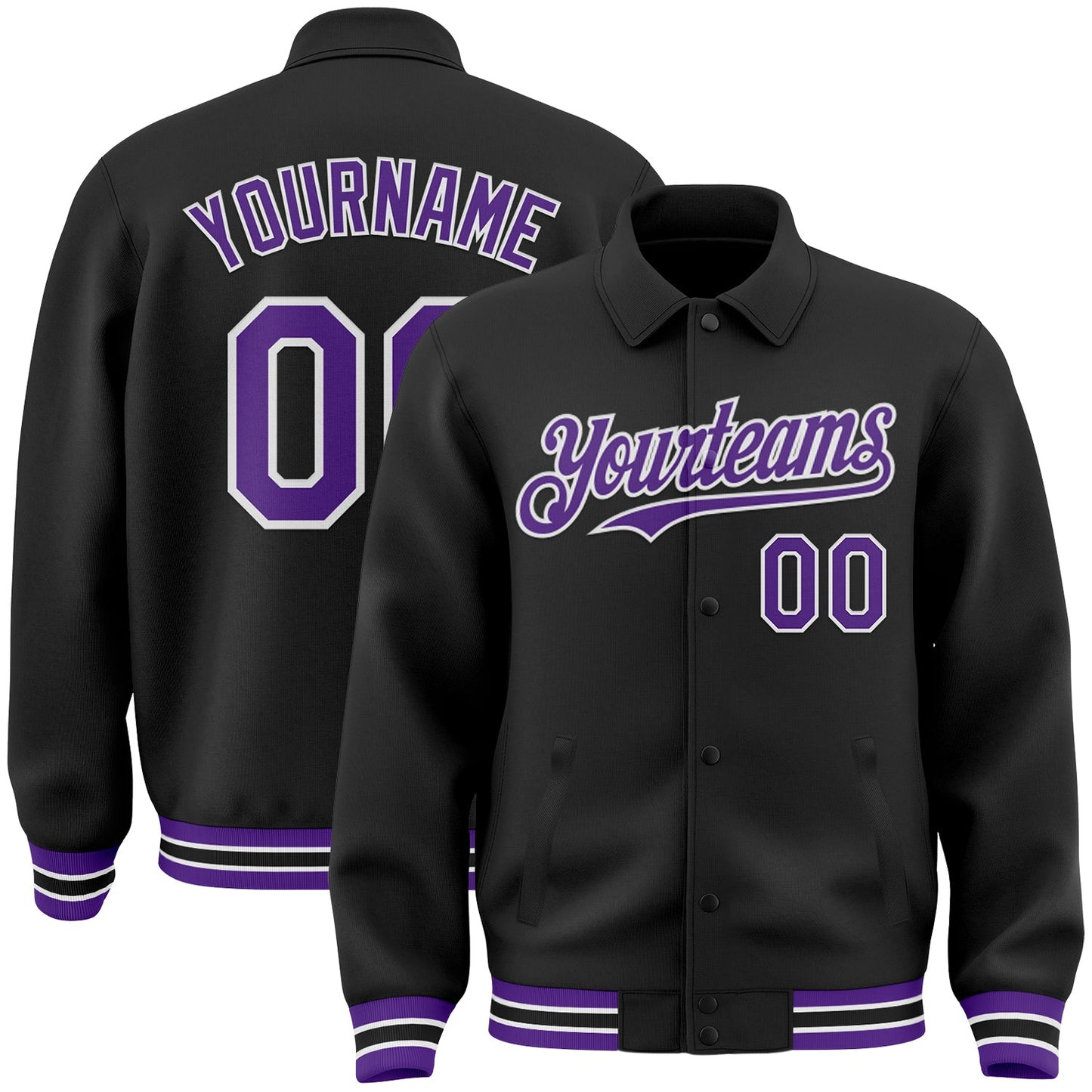 Custom Black Purple-White Bomber Full-Snap Varsity Letterman Lapel Collar Byron Jacket - Main View