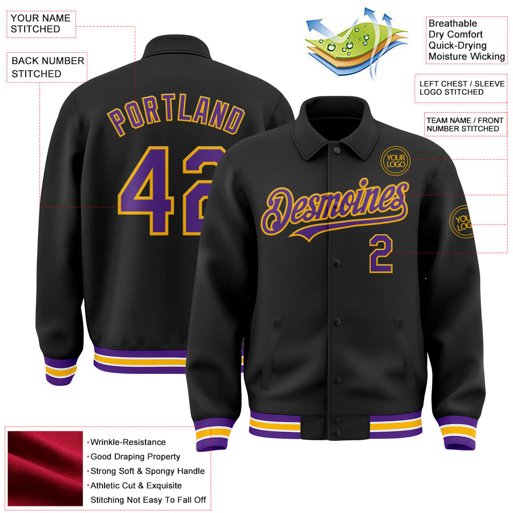 Custom Black Purple-Gold Bomber Full-Snap Varsity Letterman Lapel Collar Byron Jacket view 3