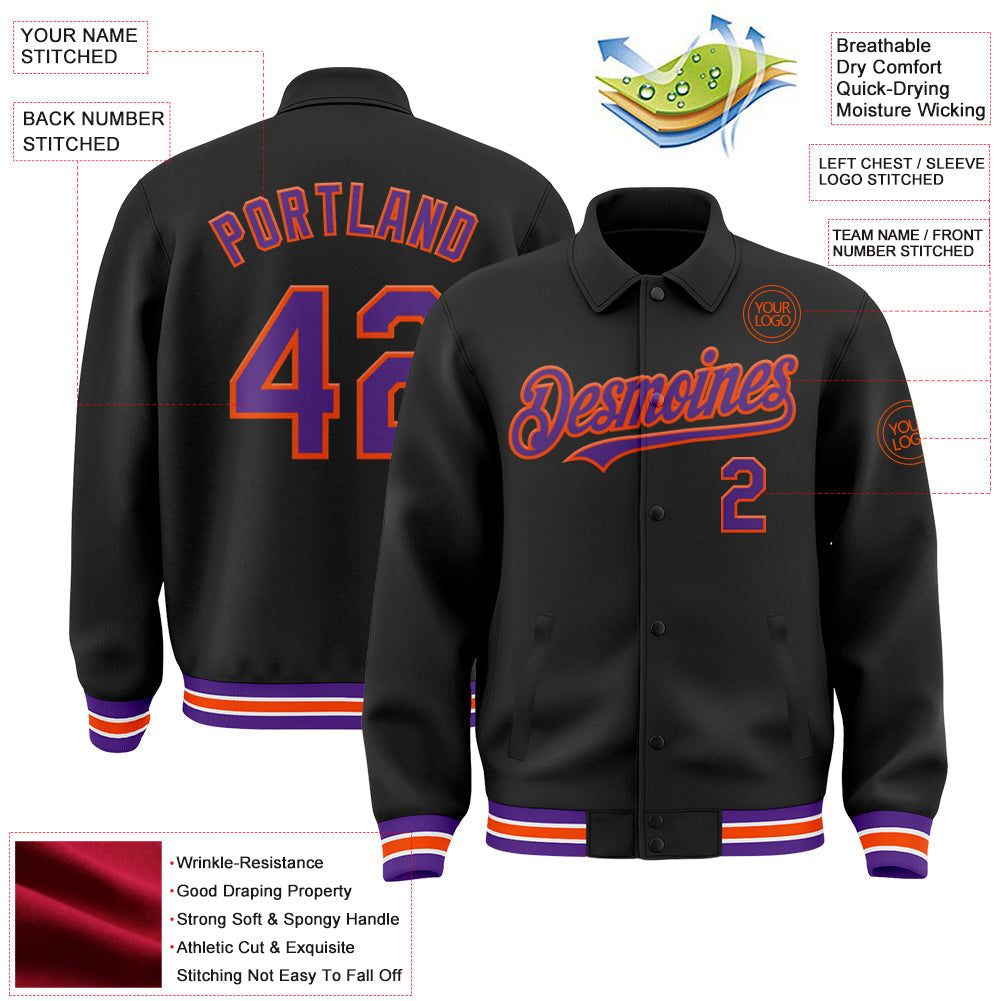 Custom Black Purple-Orange Bomber Full-Snap Varsity Letterman Lapel Collar Byron Jacket view 3
