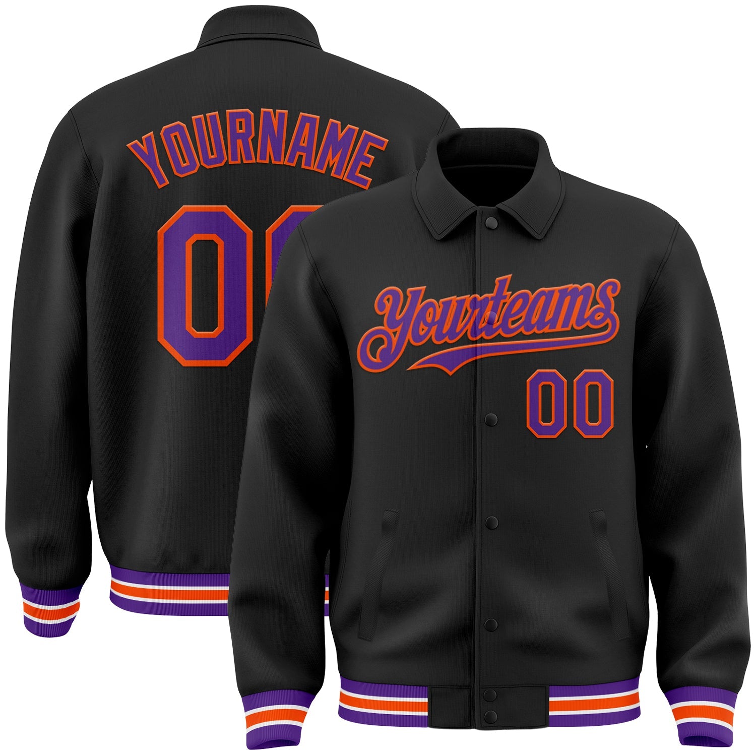 Custom Black Purple-Orange Bomber Full-Snap Varsity Letterman Lapel Collar Byron Jacket - Main View