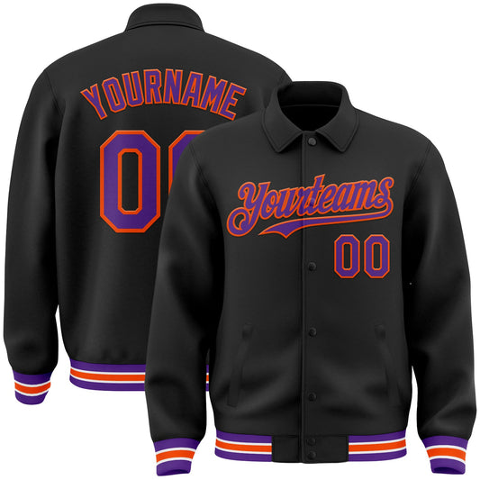 Custom Black Purple-Orange Bomber Full-Snap Varsity Letterman Lapel Collar Byron Jacket - Main View